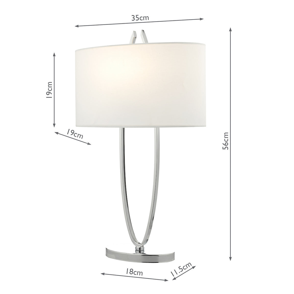 Chrome table lamp with a white shade and dimensions.