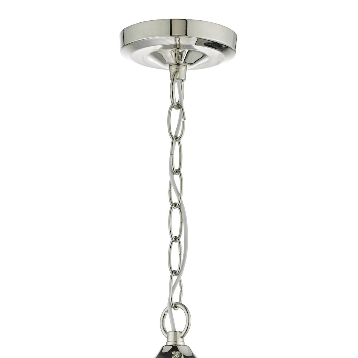 Polished nickel ceiling rose with a chain and white electrical cord hanging down.