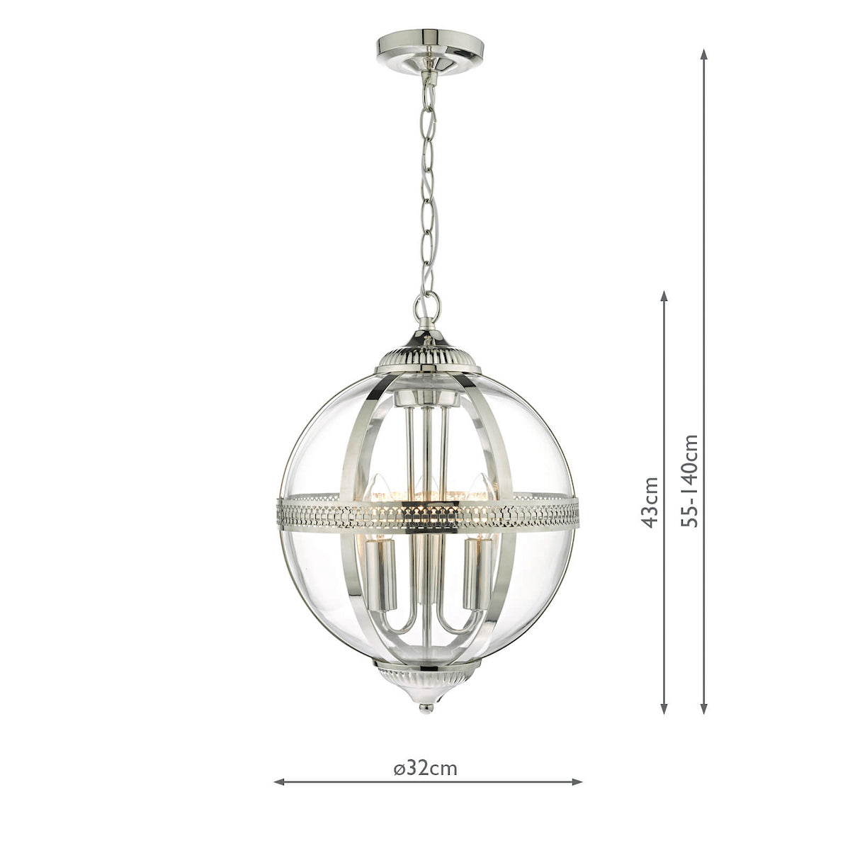 Polished chrome pendant light with a clear glass globe and three candle-style bulbs.