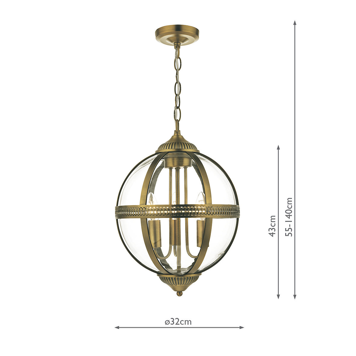Antique brass globe pendant light with clear glass and three exposed bulbs, showing dimensions.
