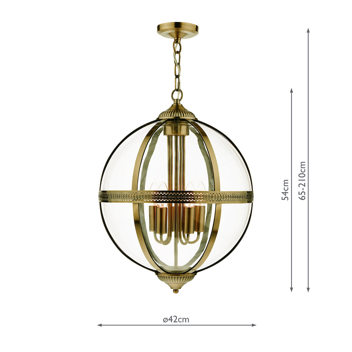 A brass and glass globe pendant light with four bulbs, showing dimensions of 42cm diameter and 65-210cm height.