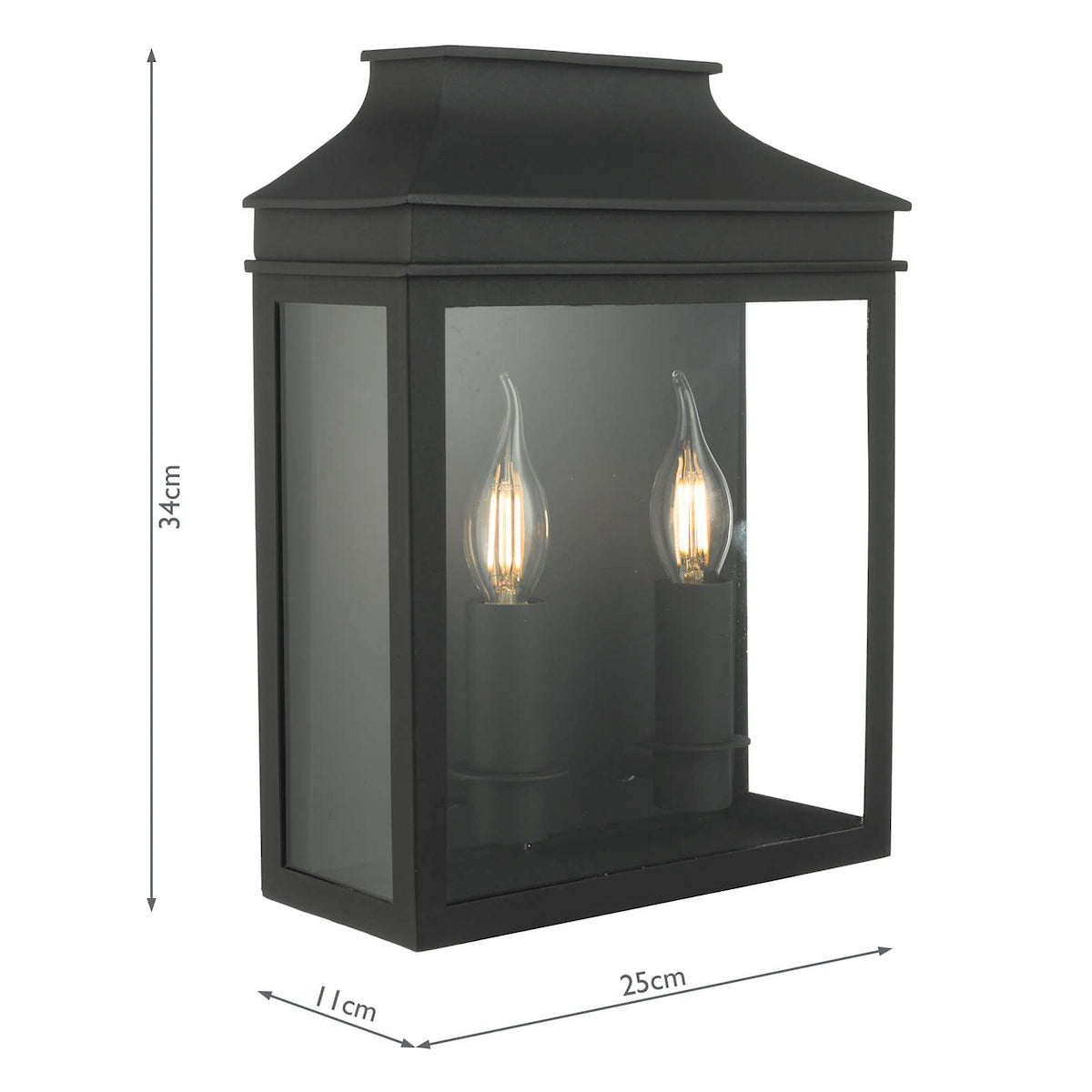 Black outdoor wall light with two exposed candle-style bulbs, showing dimensions of 34cm, 25cm, and 11cm.