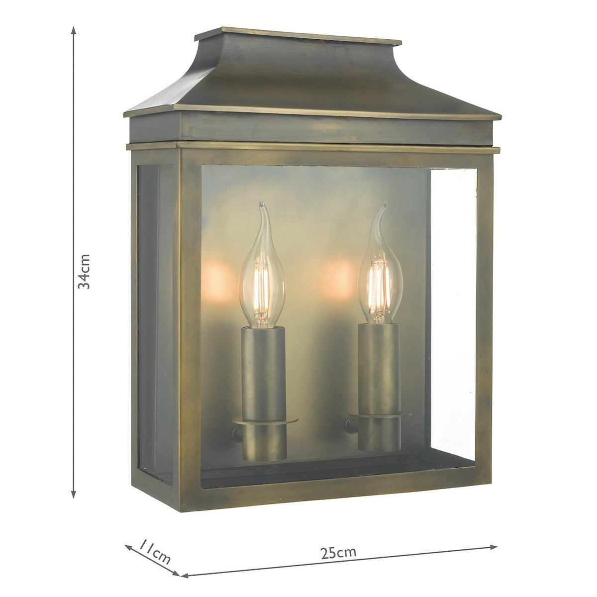 A bronze outdoor wall light with two candle-style bulbs, measuring 34cm high, 25cm wide, and 11cm deep.