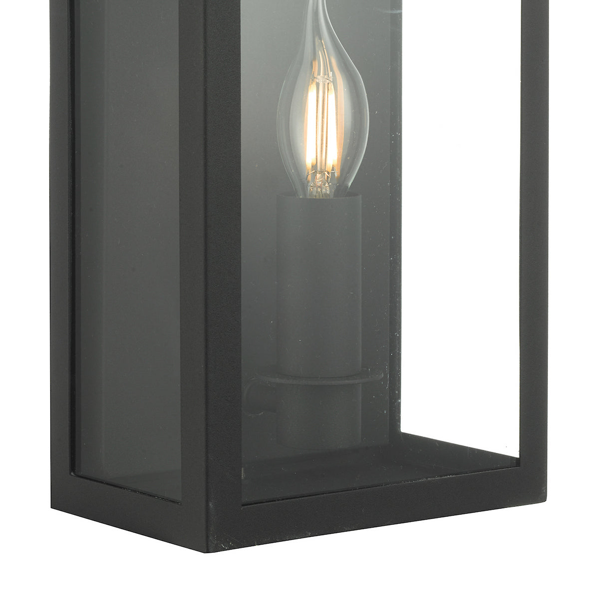 Close-up of a black outdoor wall lantern with a clear glass panel and a lit candle-style bulb.