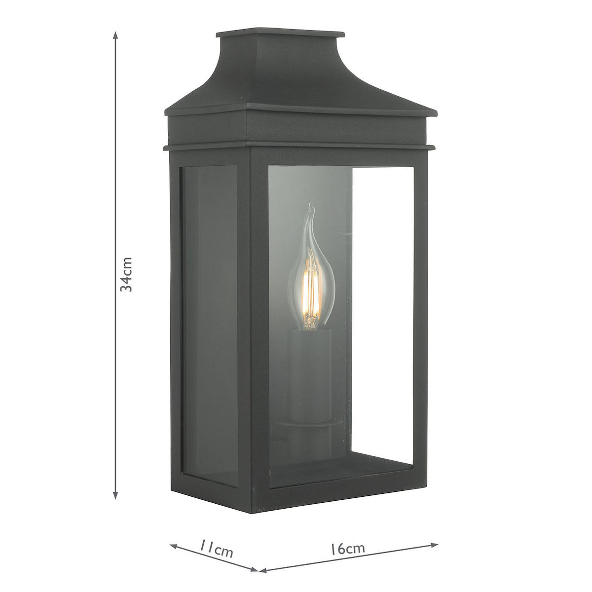 Black outdoor wall lantern with clear glass panels and a visible flame-tip bulb, showing dimensions.