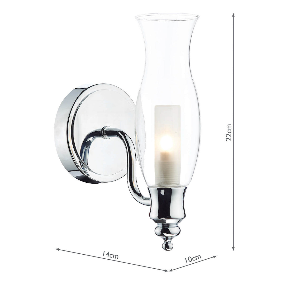 Chrome wall light with a clear glass hurricane shade and a frosted inner bulb, showing dimensions.