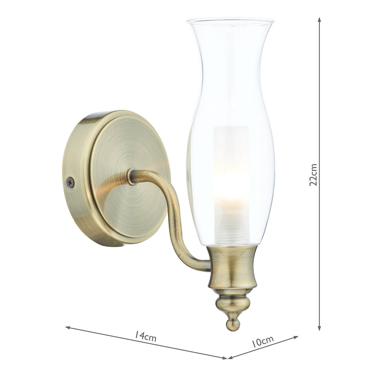 Antique brass wall light with a clear glass hurricane shade, showing dimensions of 22cm height, 14cm width, and 10cm depth.