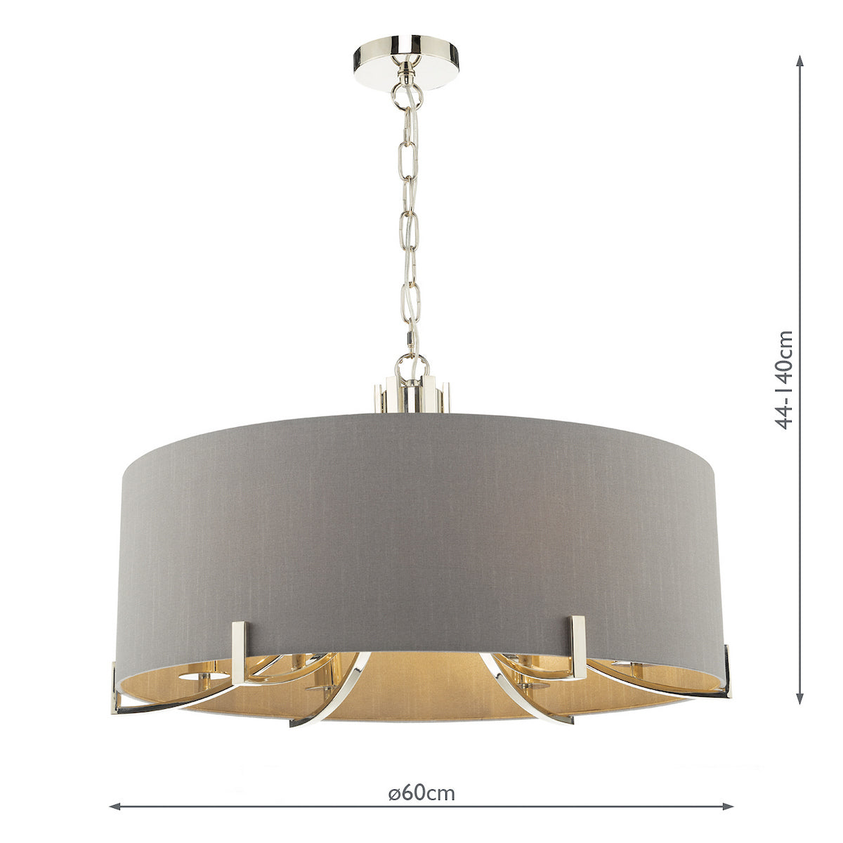 Grey fabric drum pendant light with polished chrome frame and gold interior, hanging from a chain.