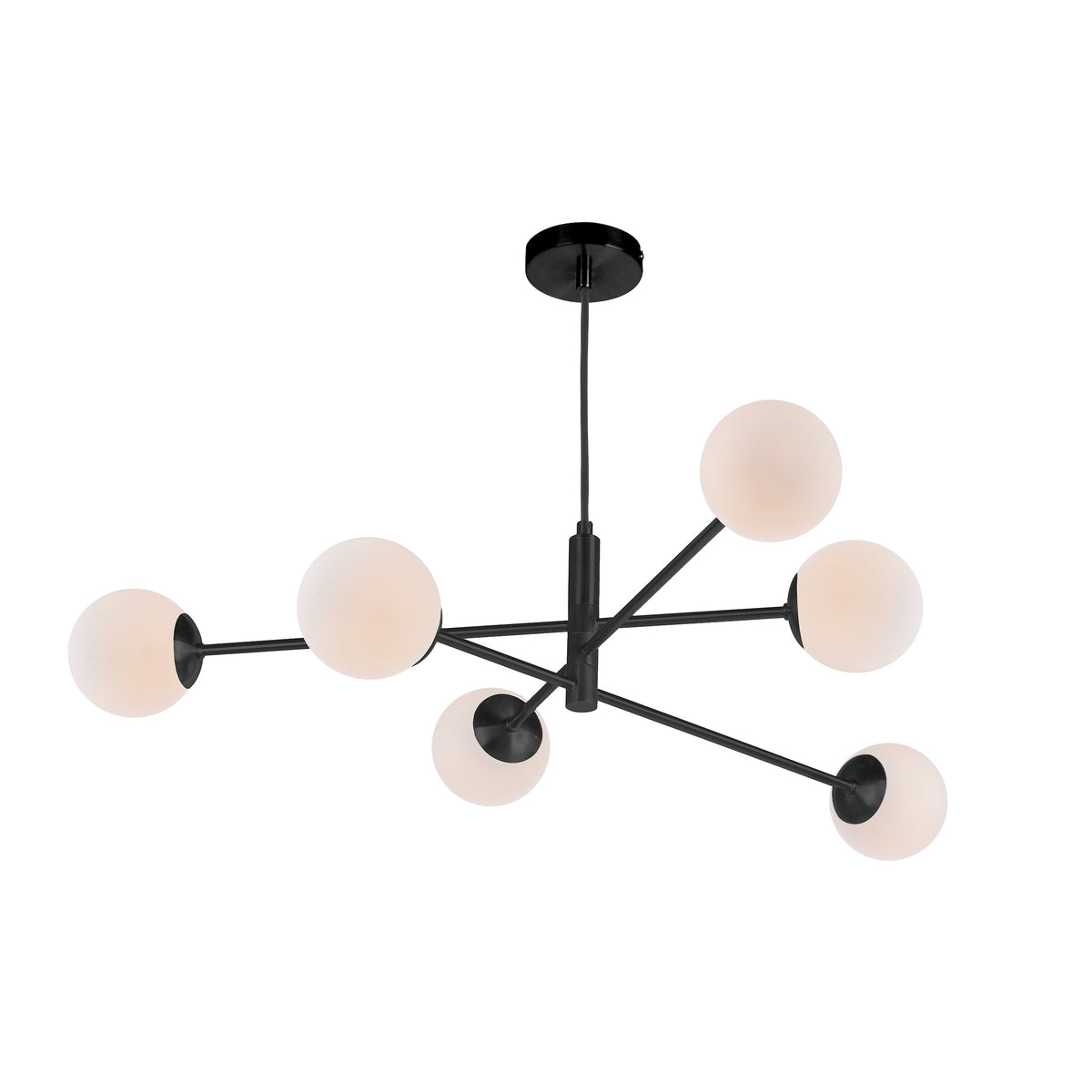 Modern black chandelier with six spherical white glass shades extending from a central rod.