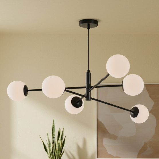 Vignette Six Light Pendant In Matt Black with Opal Glass Shades