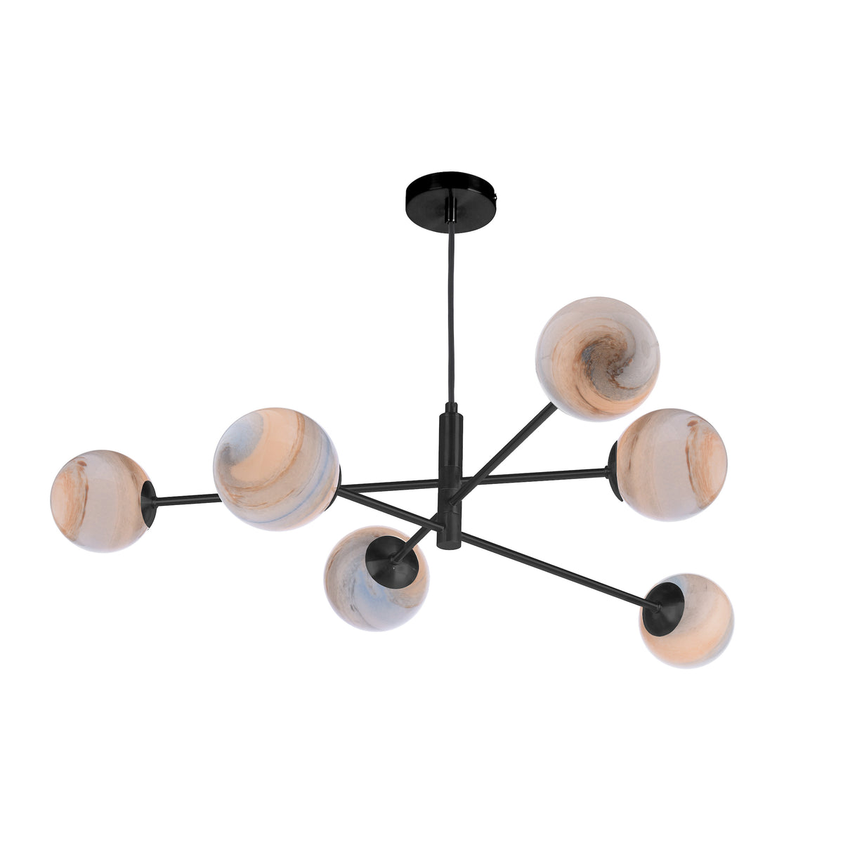 Modern black chandelier with six spherical, marbled glass shades in warm tones.