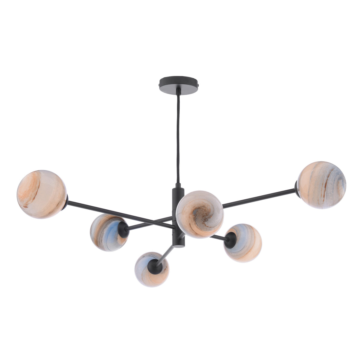 Modern black chandelier with six arms, each holding a round, swirling amber and blue glass shade. 