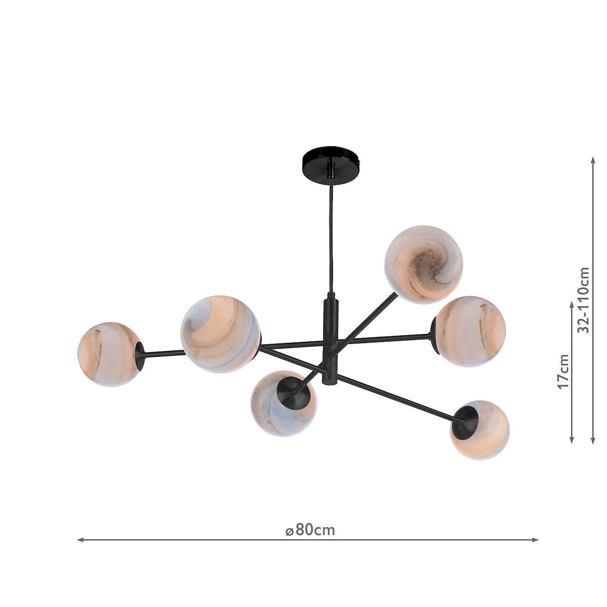 Black chandelier with six marbled glass globes, showing dimensions of 80cm width and 32-110cm height.