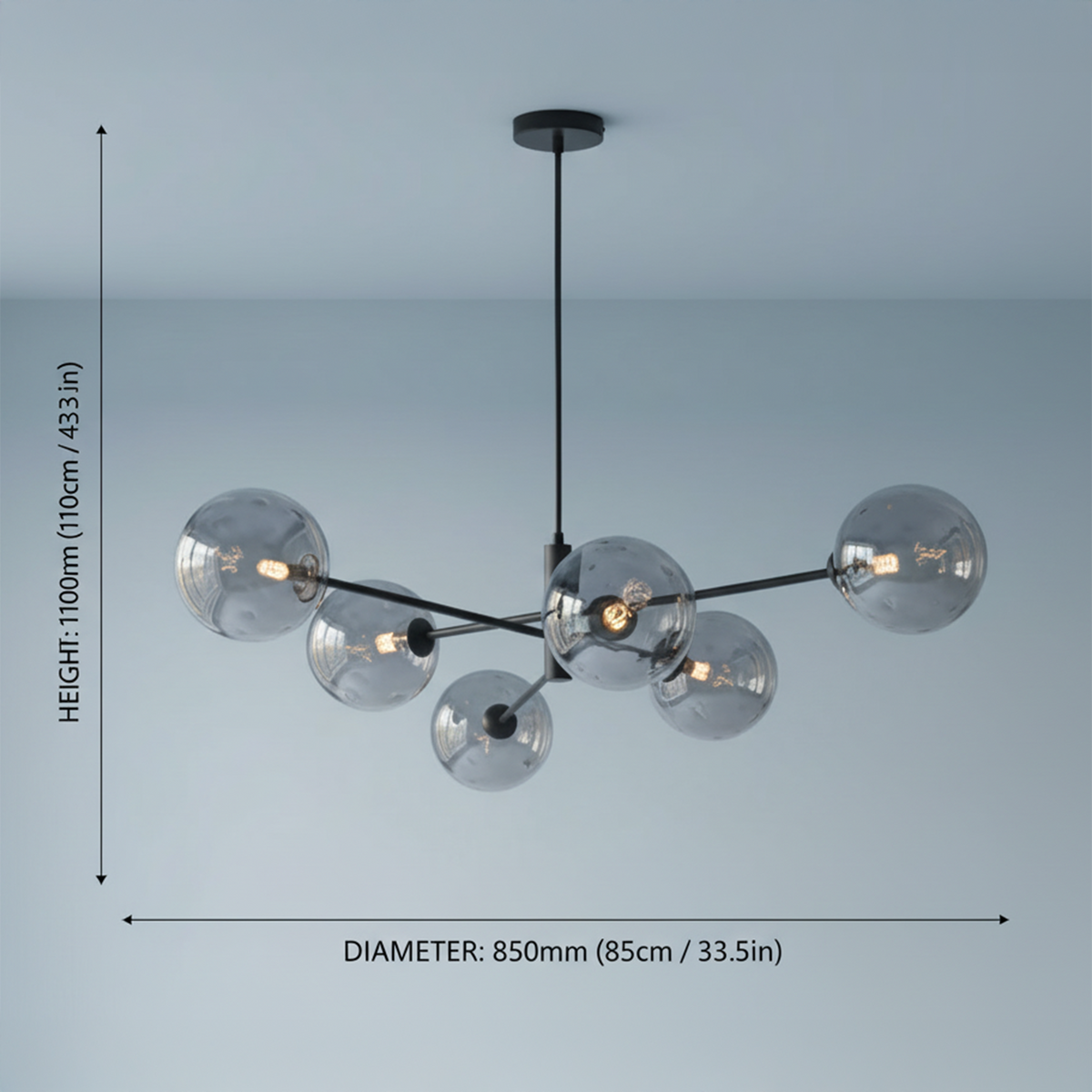 Vignette Six Light Pendant In Matt Black with Smoked Dimpled Glass Shades
