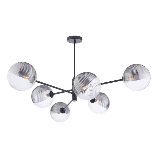 Modern black chandelier with six clear, ribbed glass globe shades, each housing an exposed bulb. 