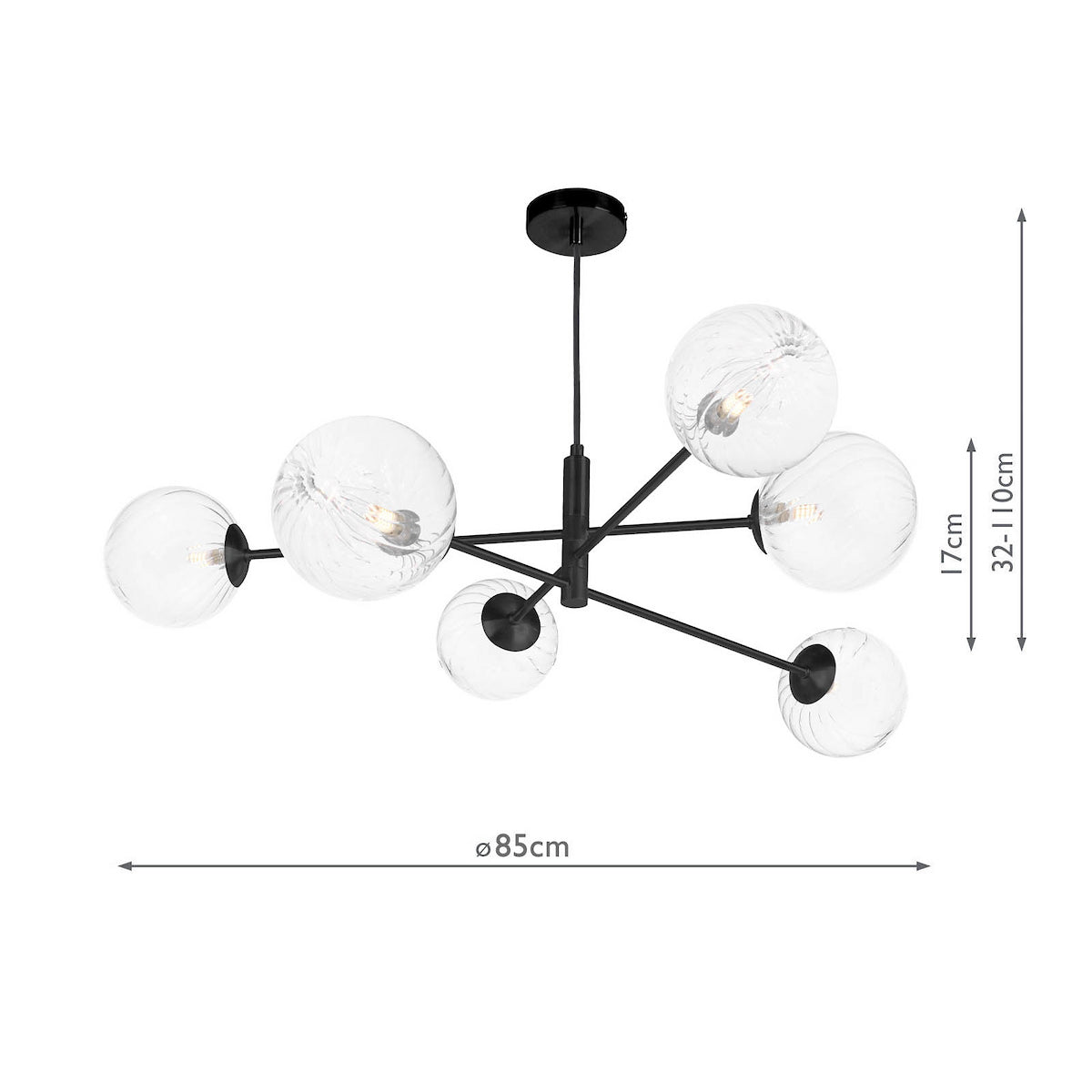 Black chandelier with six clear, textured glass globes, showing dimensions of 85cm width and 32-110cm height.