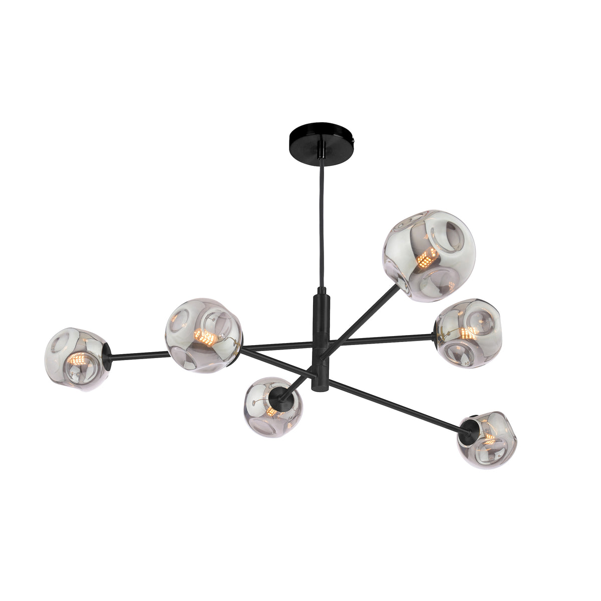 Modern black chandelier with six smoky glass globes, each containing an exposed LED bulb. 