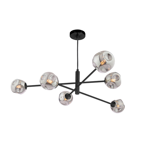 Modern black chandelier with six smoky glass globes, each containing an exposed LED bulb. 