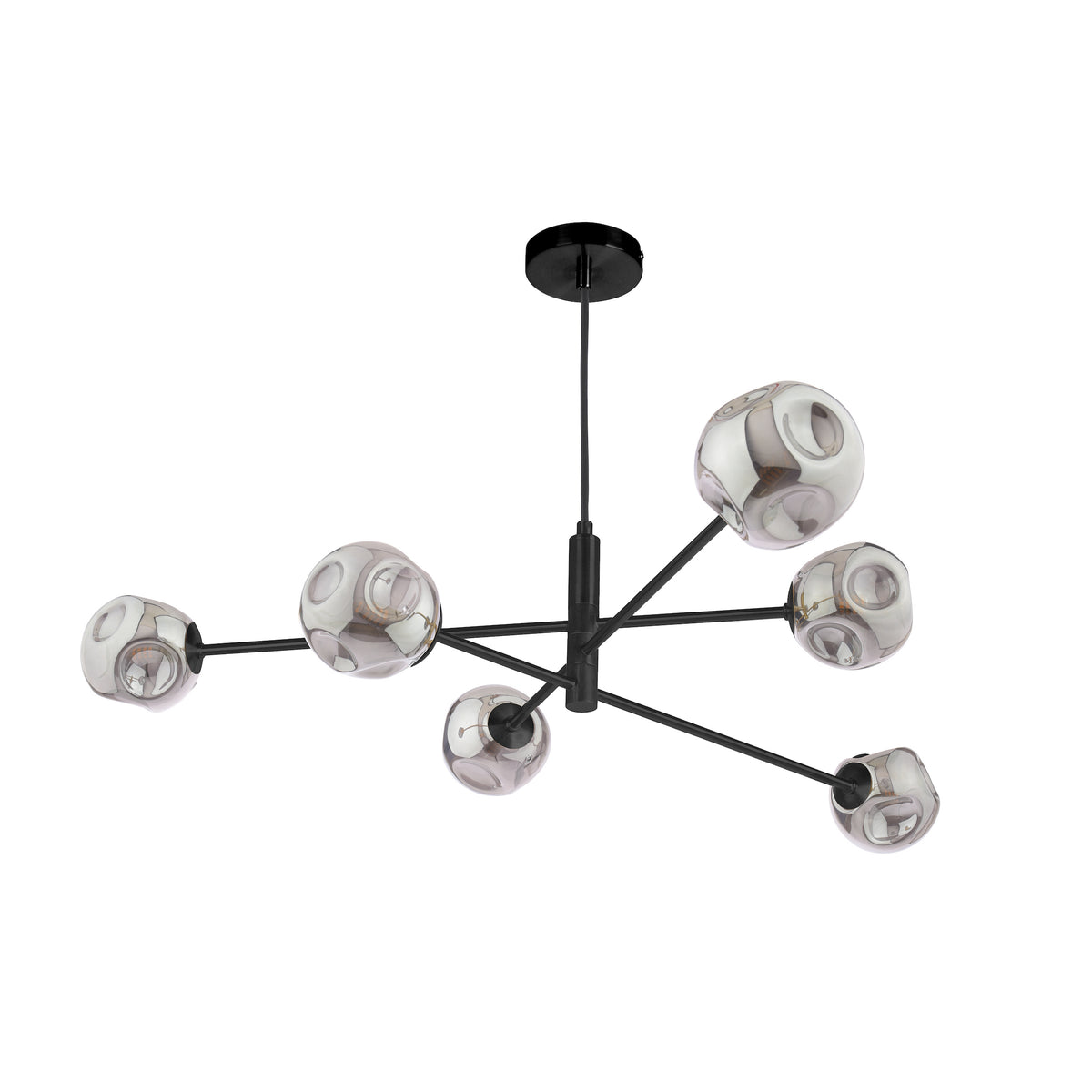 Modern black chandelier with six smoky grey glass globes, each containing a light bulb, on a white background.