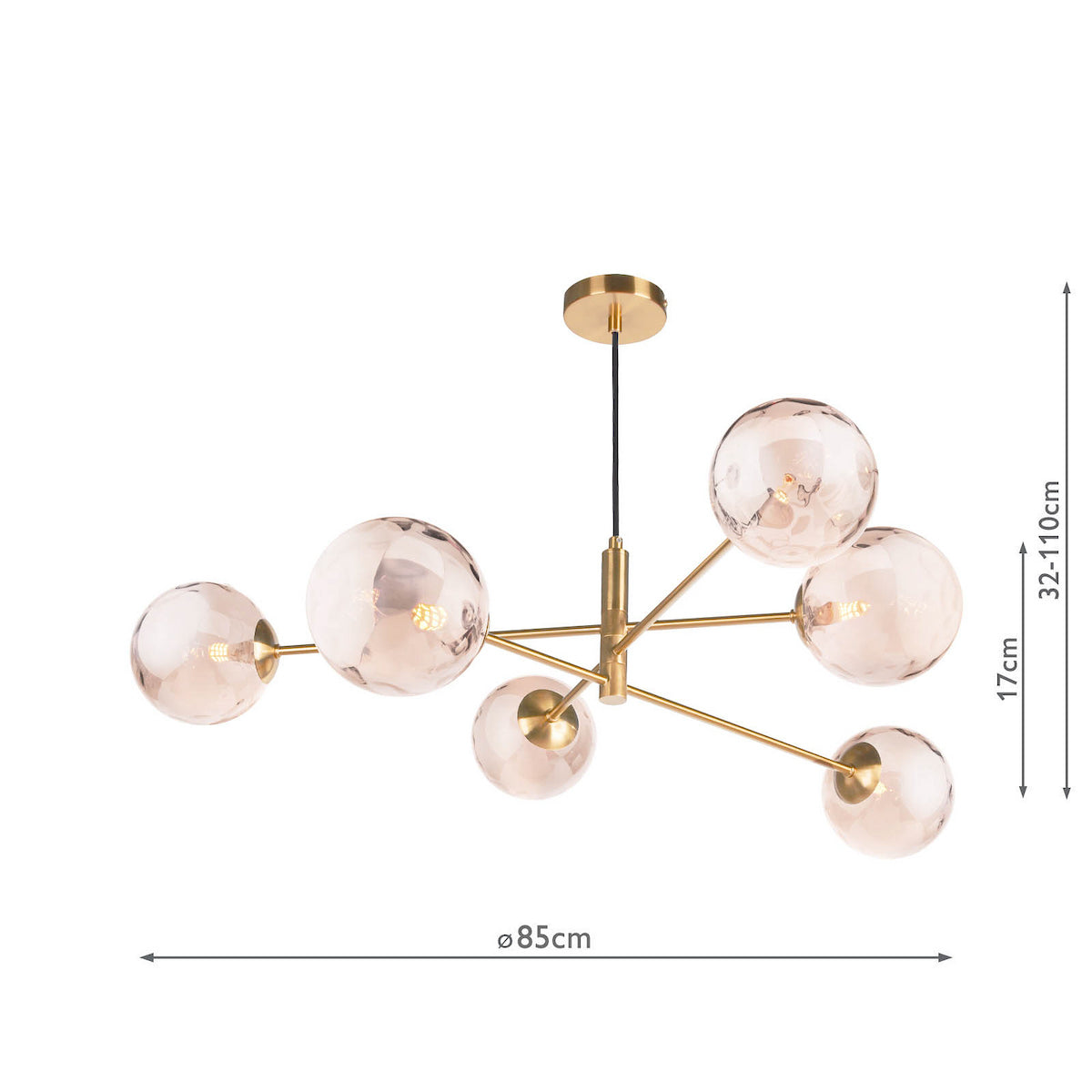 Modern brass chandelier with six amber glass globes, showing dimensions of 85cm width and 32-110cm height.