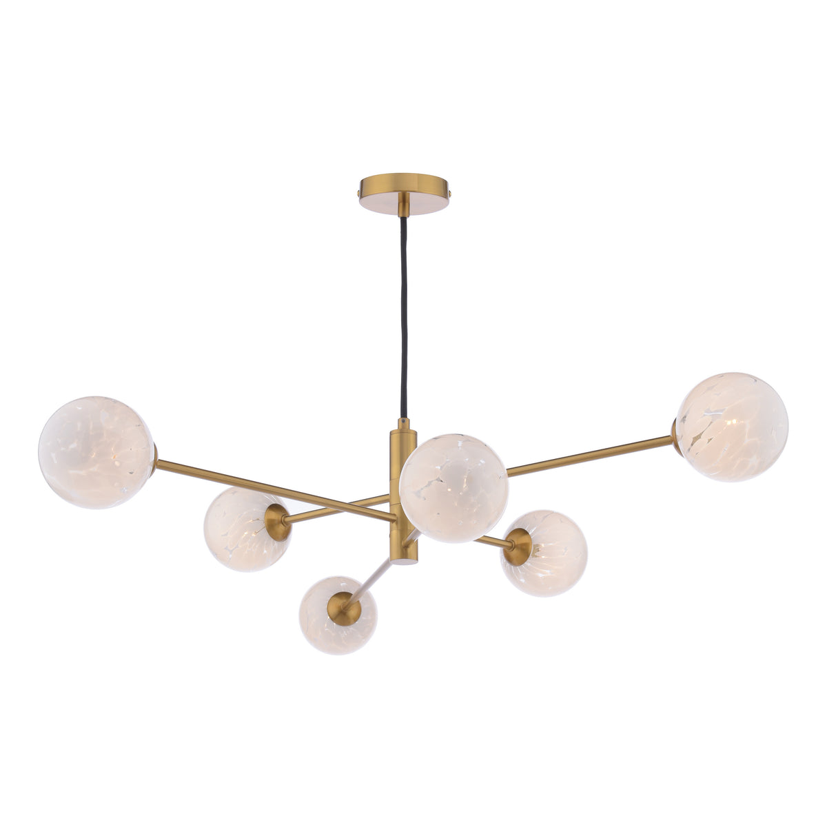 Modern gold chandelier with six white speckled glass globes extending from a central rod.