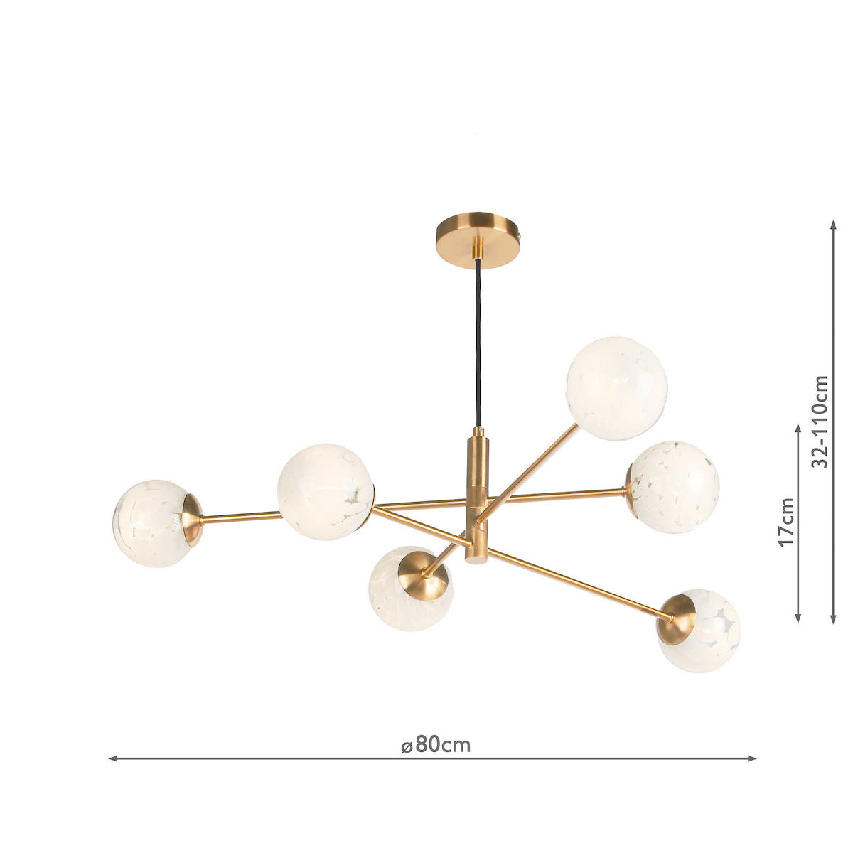 Modern gold chandelier with six frosted globe lights, showing dimensions of 80cm width and 32-110cm height.