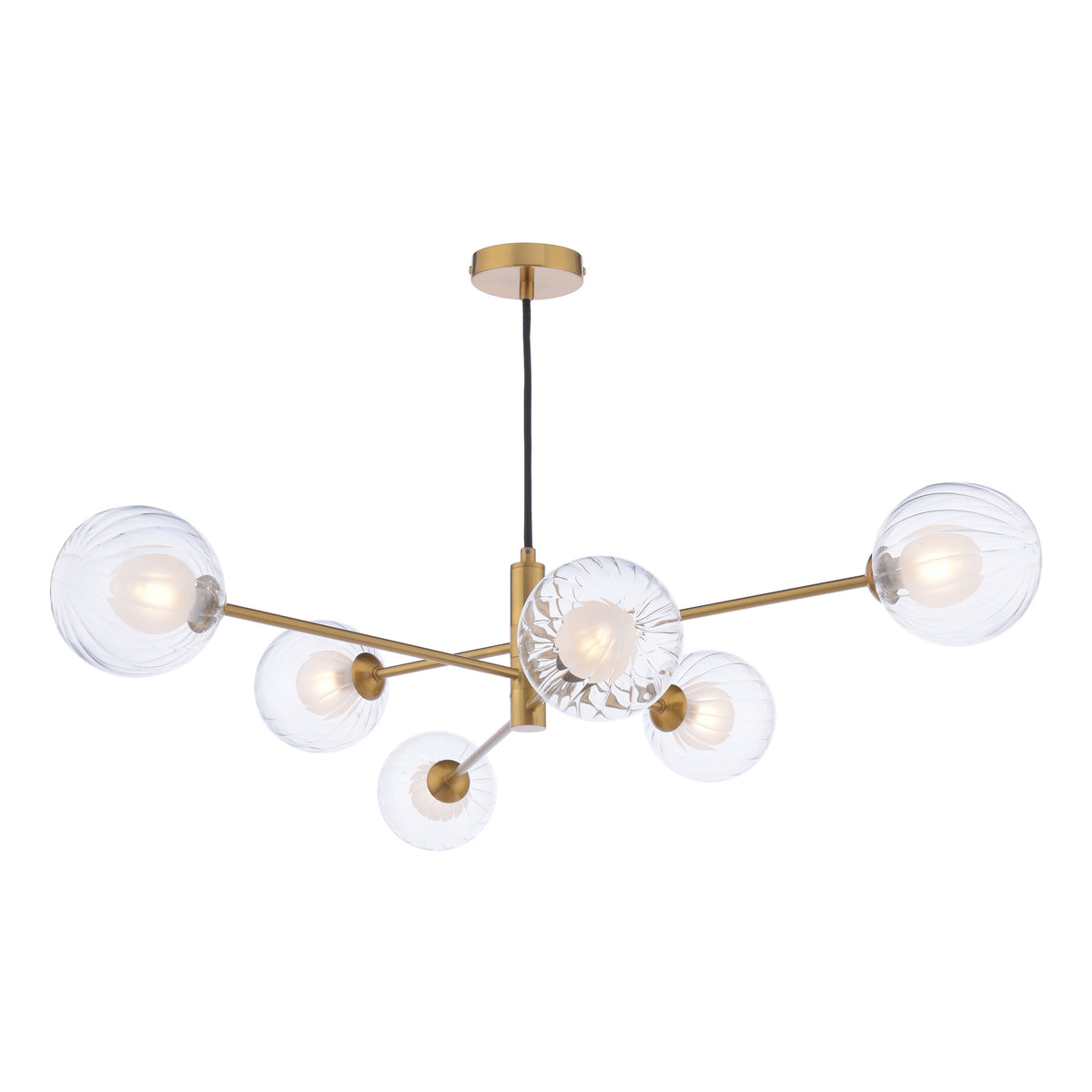 Modern brass chandelier with six clear, textured glass globes, each housing an illuminated bulb.