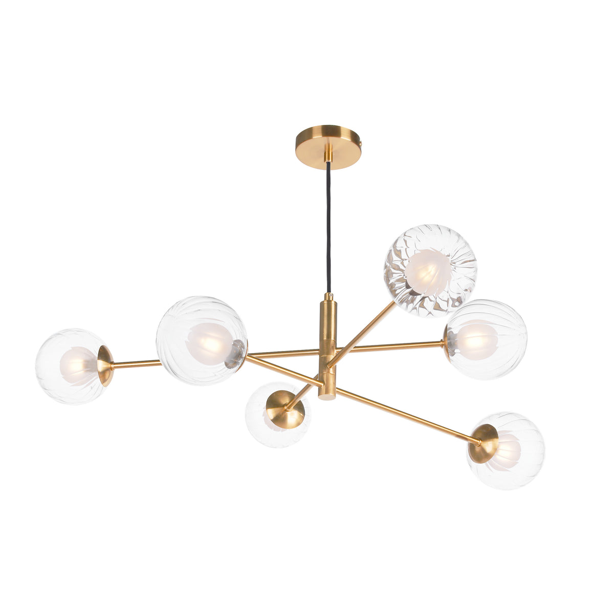 Modern brass chandelier with six clear, ribbed glass globes, each containing a light bulb. It hangs from a black cord.