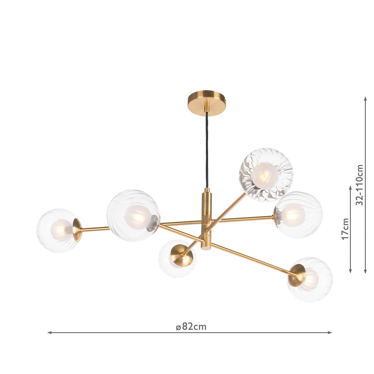 Modern gold chandelier with six clear, ribbed glass globe lights, showing dimensions of 82cm width and 32-110cm height.
