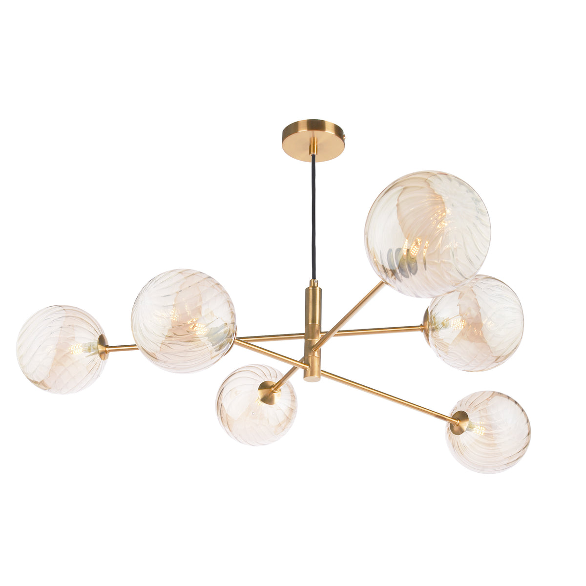 Modern gold chandelier with six amber-tinted, ribbed glass globes extending from a central rod.