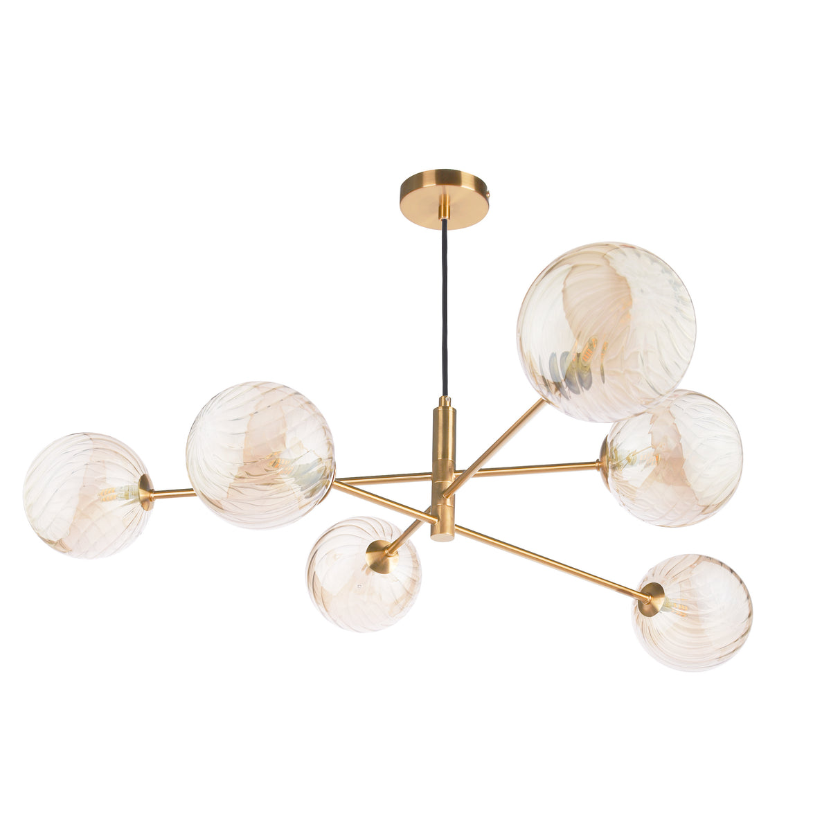 Modern chandelier with six amber glass globes and a gold metal frame on a white background.