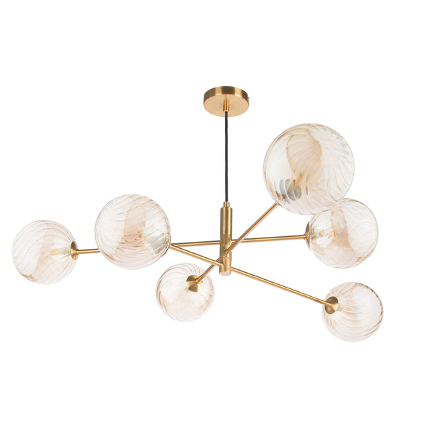 Modern chandelier with six amber glass globes and a gold metal frame on a white background.