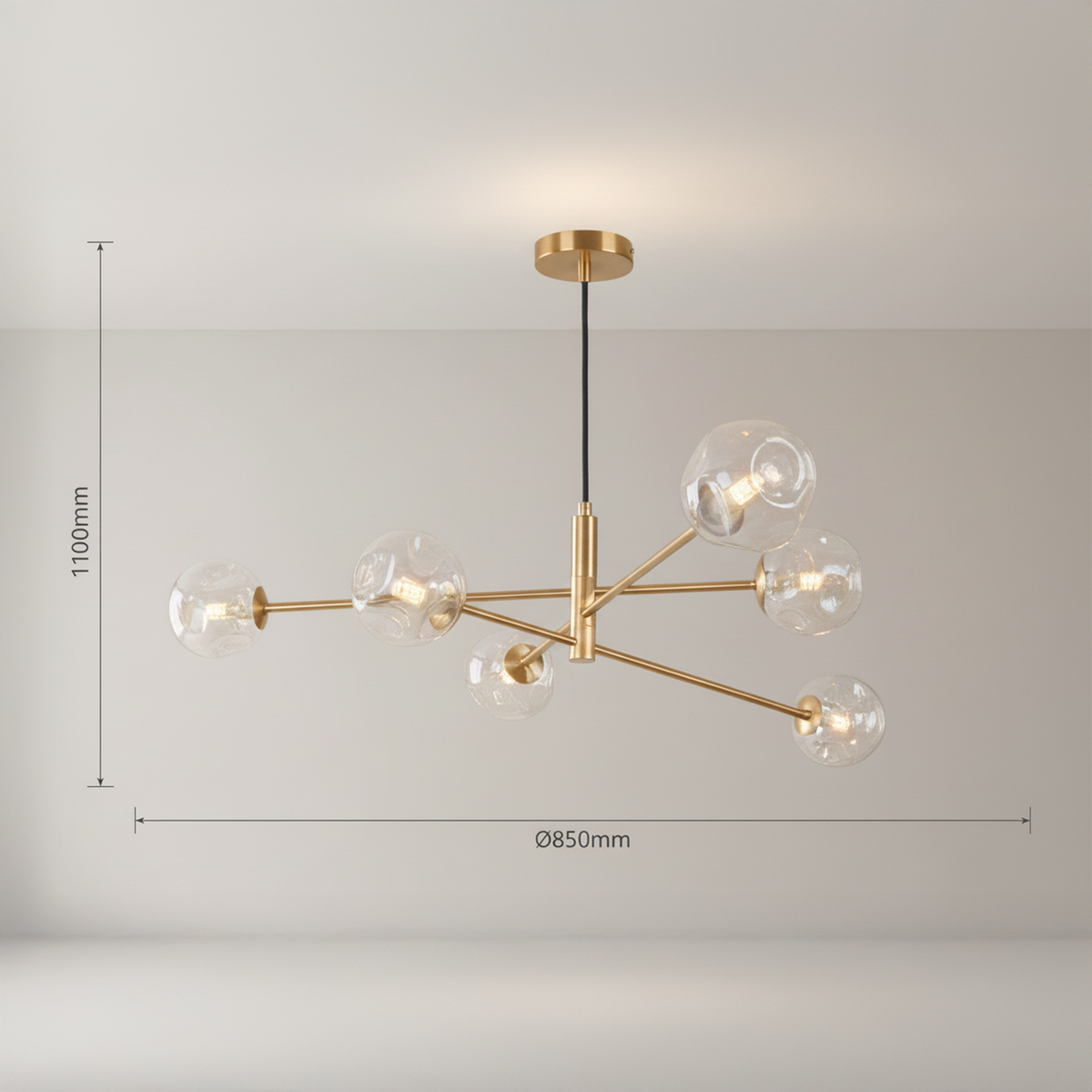 Vignette Six Light Pendant In Aged Brass with Organic Amber Glass Shades