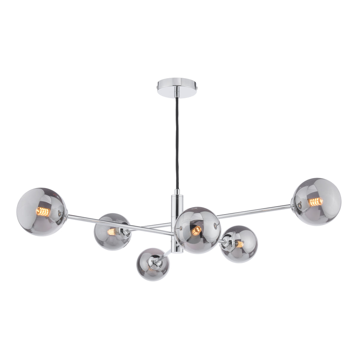 Modern chrome chandelier with six smoked glass globe shades, each revealing an illuminated filament bulb.