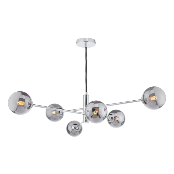 Modern chrome chandelier with six smoked glass globe shades, each revealing an illuminated filament bulb.