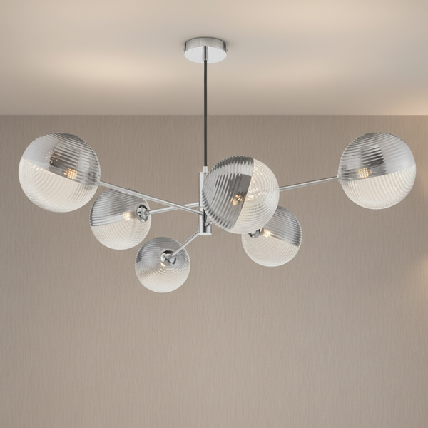 Vignette Six Light Pendant In Polished Chrome with Smoked & Clear Ribbed Glass Shades