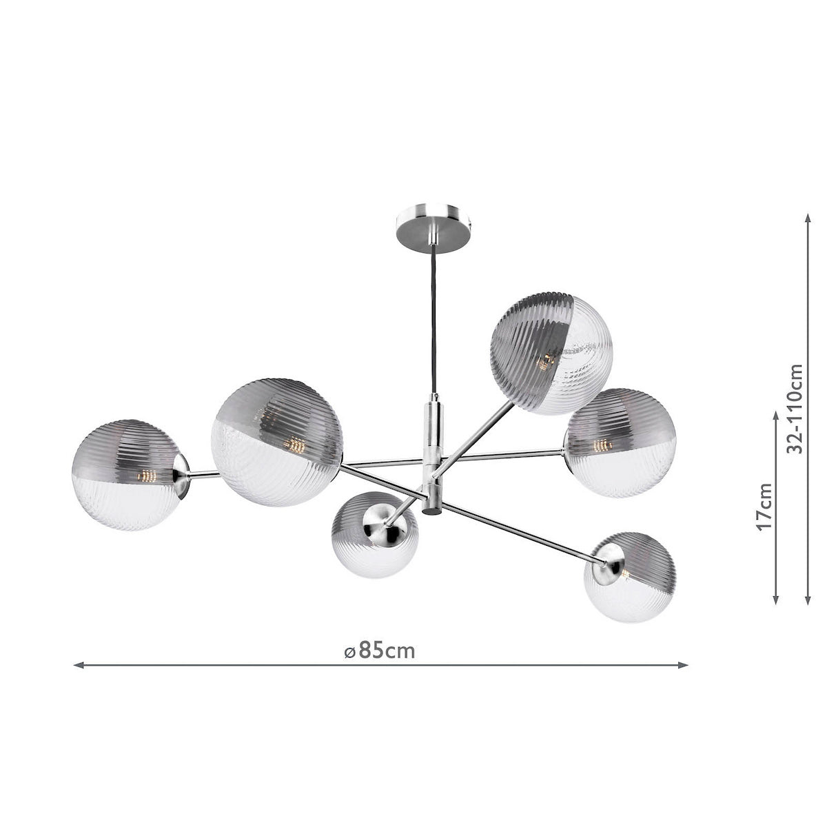 Modern chrome chandelier with six clear and ribbed glass globe shades. Dimensions: 85cm wide, 32-110cm high.