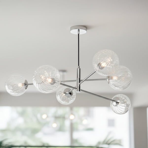 Vignette Six Light Pendant In Polished Chrome with Clear Twisted Glass Shades