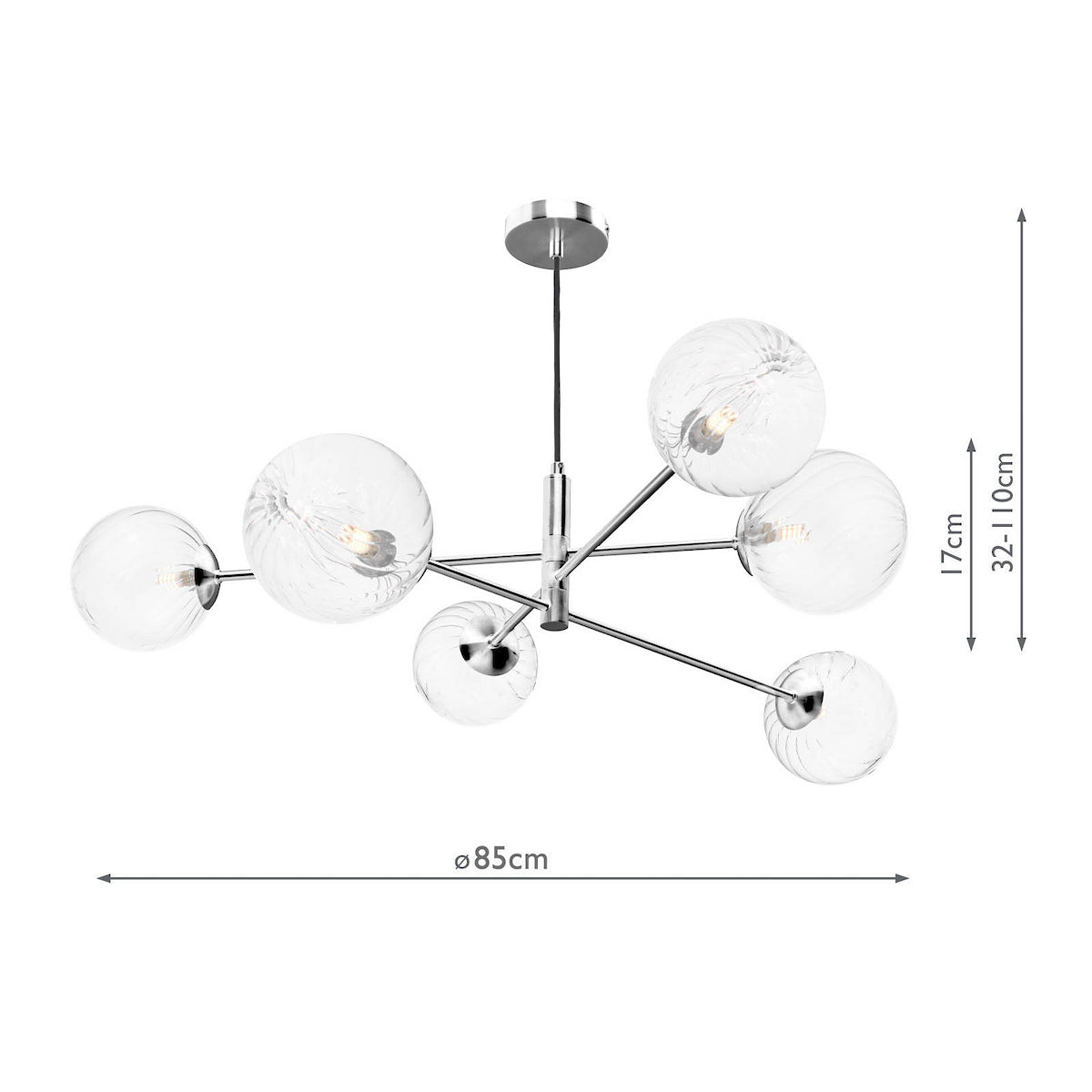 Modern chandelier with six clear, textured glass globes on chrome arms, showing dimensions.