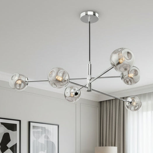 Modern chandelier with six chrome arms extending from a central rod, each ending in a smoky glass orb with an exposed bulb.