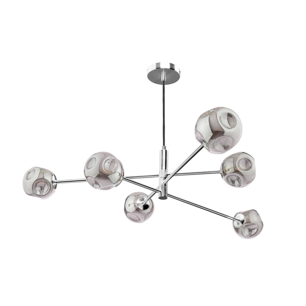 Modern chrome chandelier with six arms, each holding a smoky grey, irregularly shaped glass globe light fixture. 