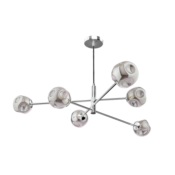 Modern chrome chandelier with six arms, each holding a smoky grey, irregularly shaped glass globe light fixture. 