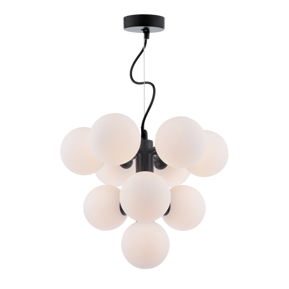 Modern chandelier with nine white spherical shades on black arms, hanging from a black ceiling mount.