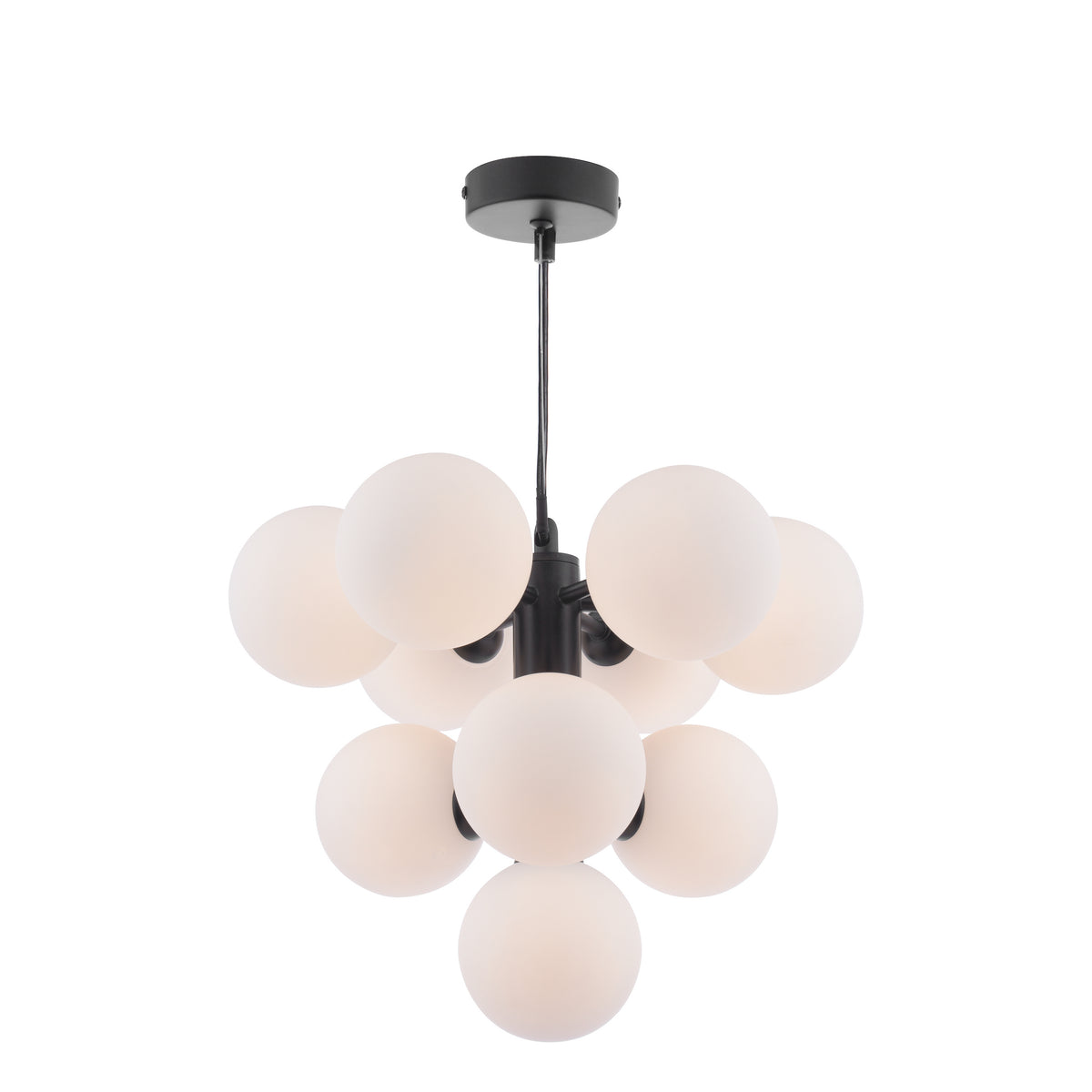 Modern black chandelier with nine frosted white globe lights arranged in a cluster.