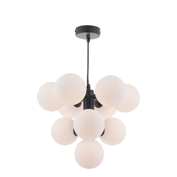 Modern black chandelier with nine frosted white globe lights arranged in a cluster.
