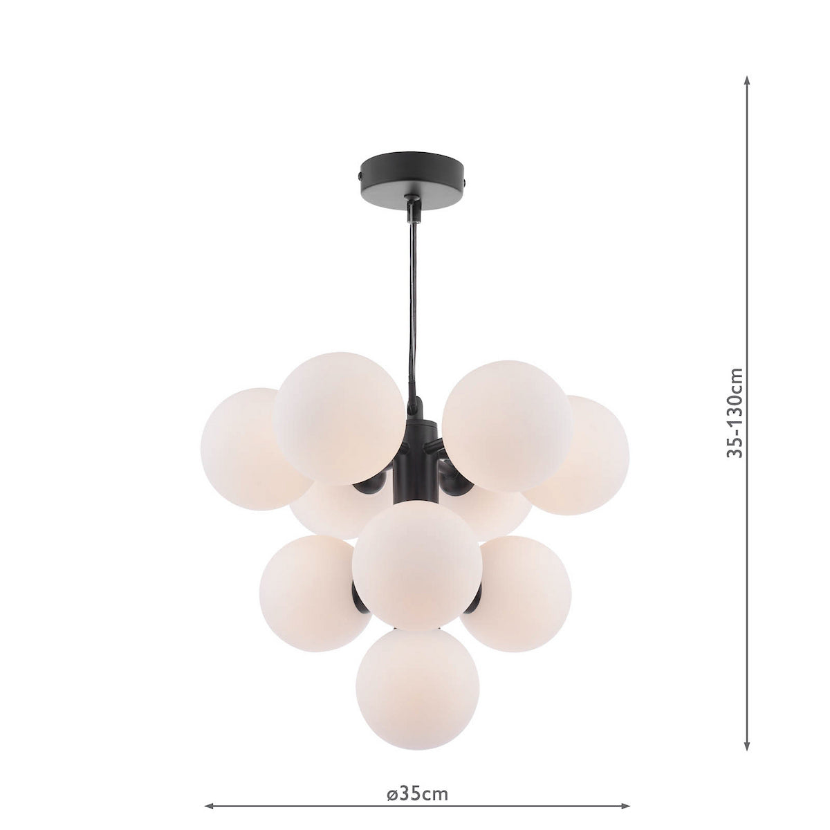 Black ceiling light with nine white spherical shades, 35-130cm height, 35cm diameter.