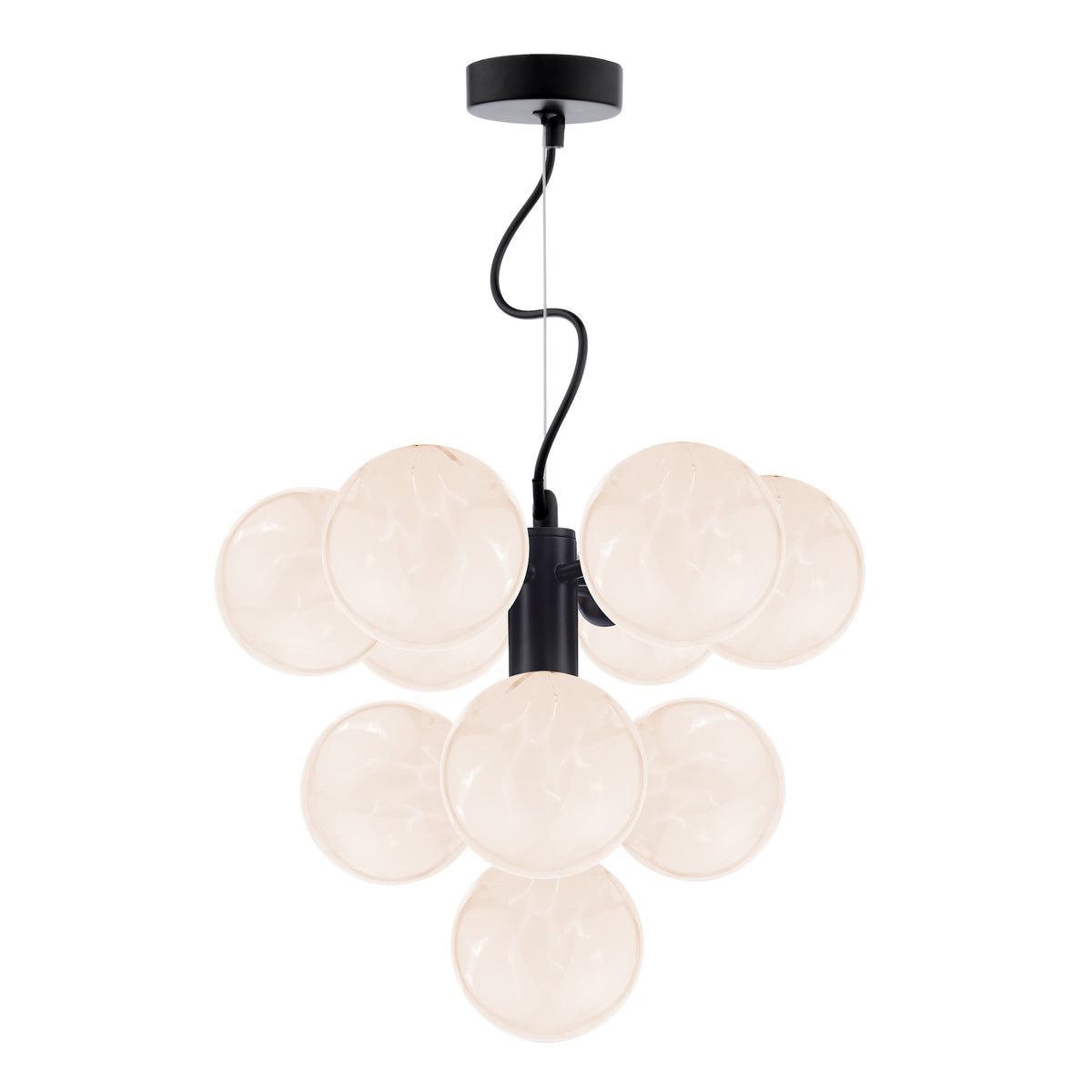 Modern chandelier with nine spherical, frosted glass shades arranged in a cluster, suspended by a black cord.