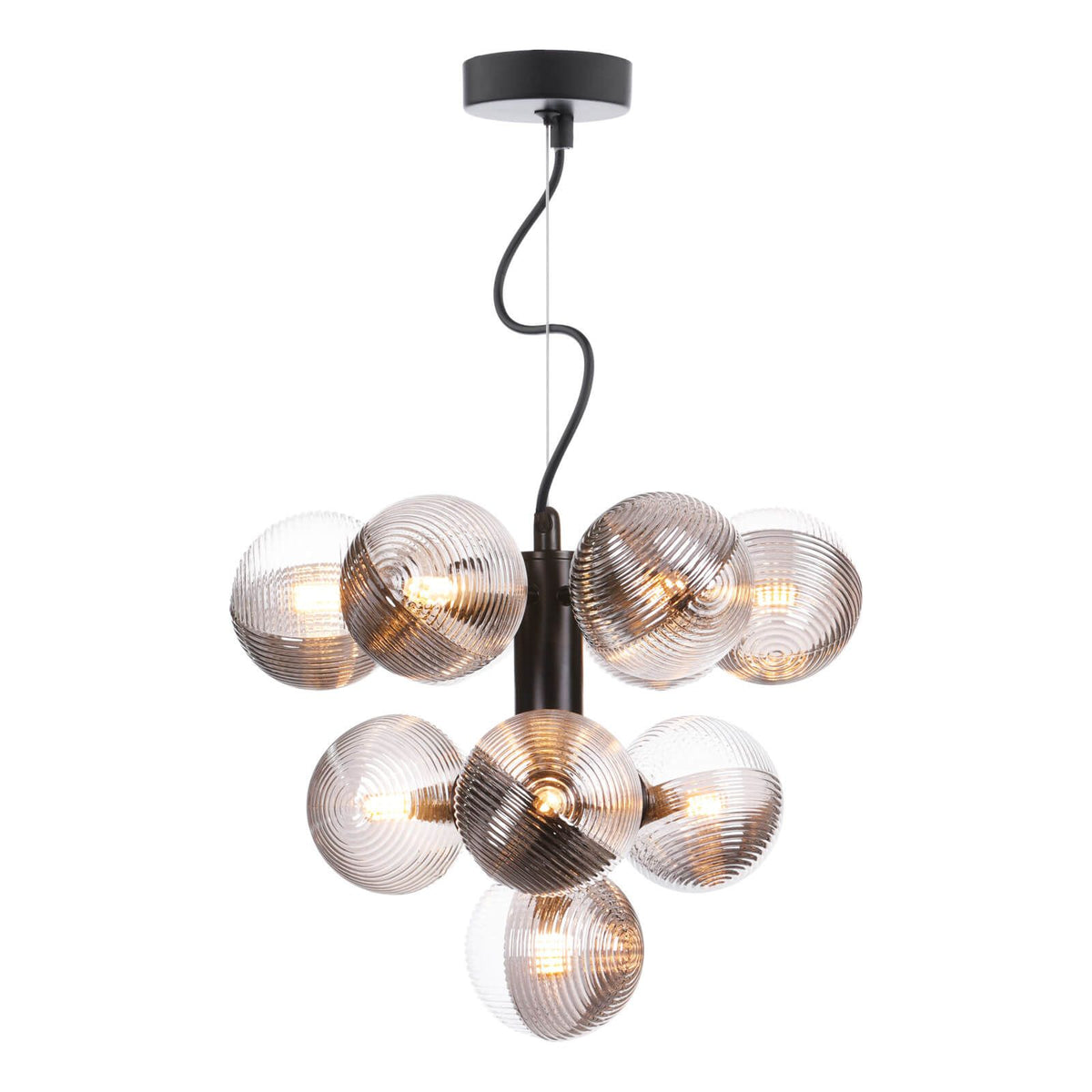 Vine Ten Light Cluster Pendant In Satin Black with Smoked & Clear Ribbed Glass Shades