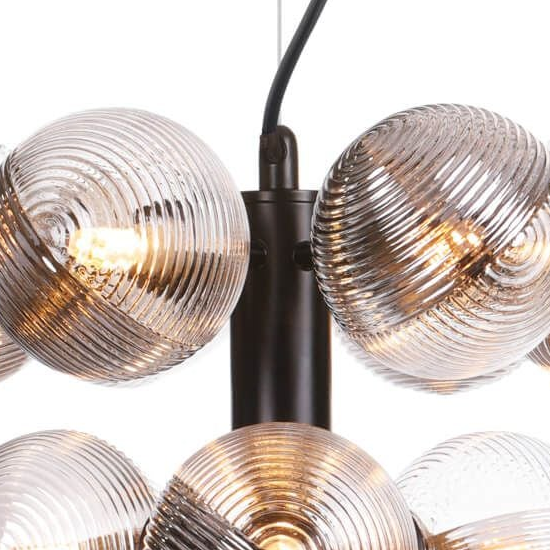 Vine Ten Light Cluster Pendant In Satin Black with Smoked & Clear Ribbed Glass Shades