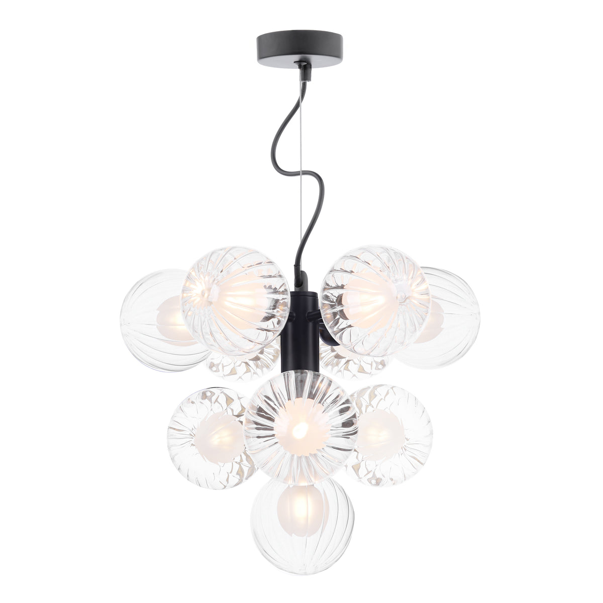 Modern black pendant light with nine clear, textured glass globes, each housing a glowing bulb, on a white background.